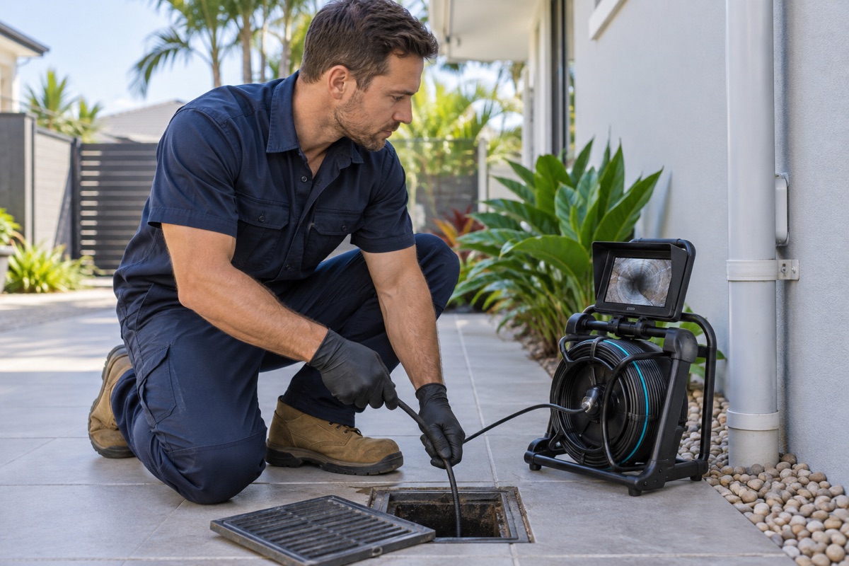 Plumber inspecting a blocked residential drain in Nambour