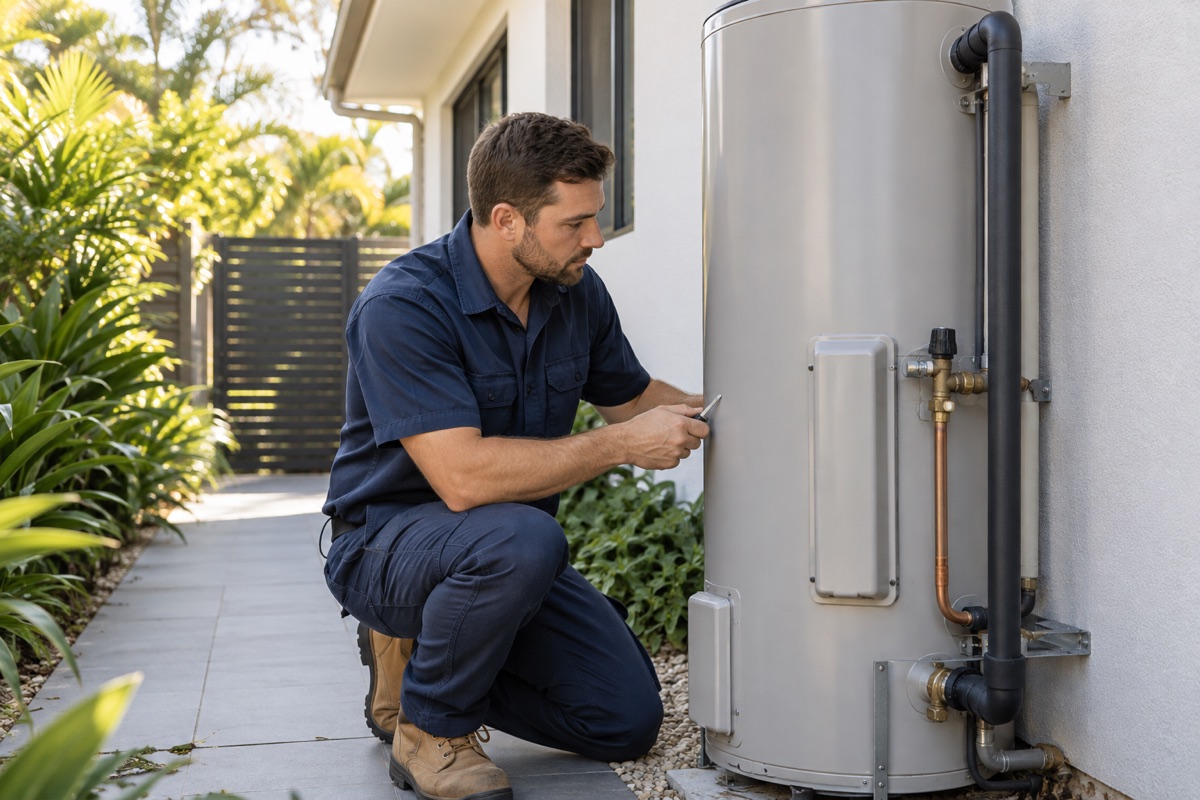 Plumber inspecting a residential hot water system on the Sunshine Coast