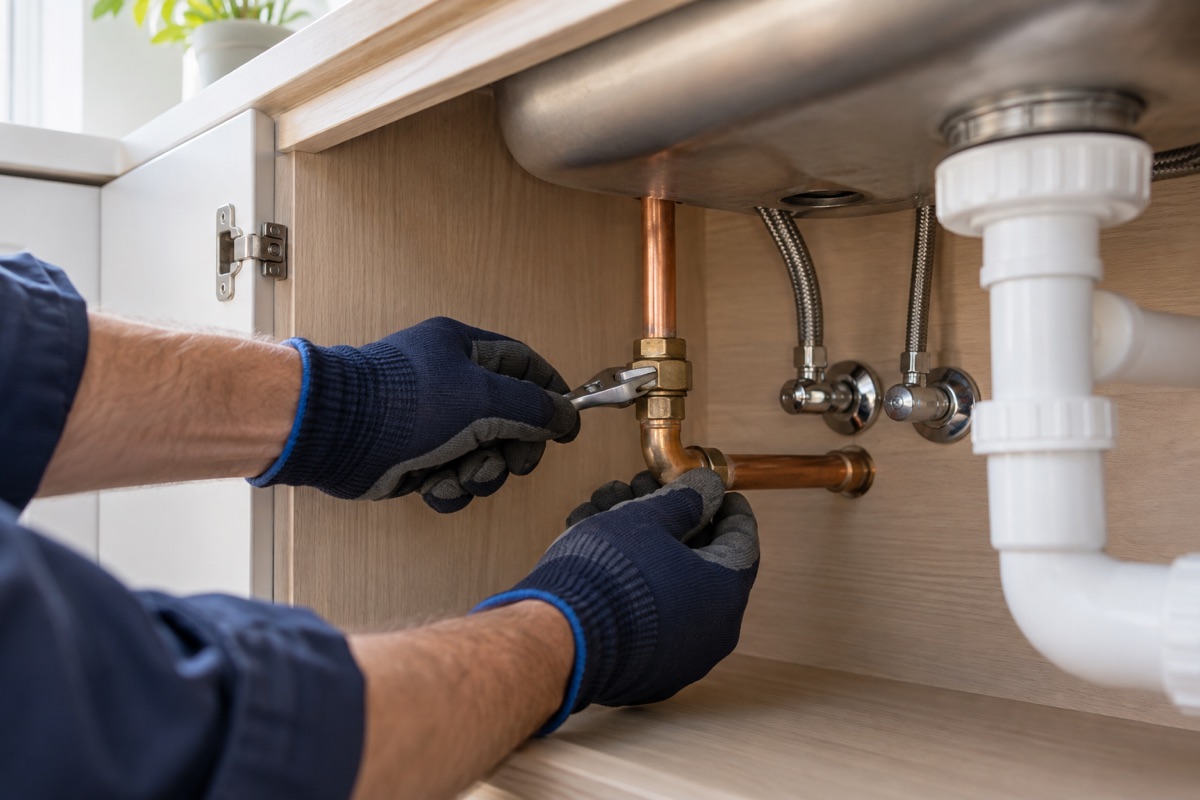 Plumber repairing a leaking pipe beneath a kitchen sink